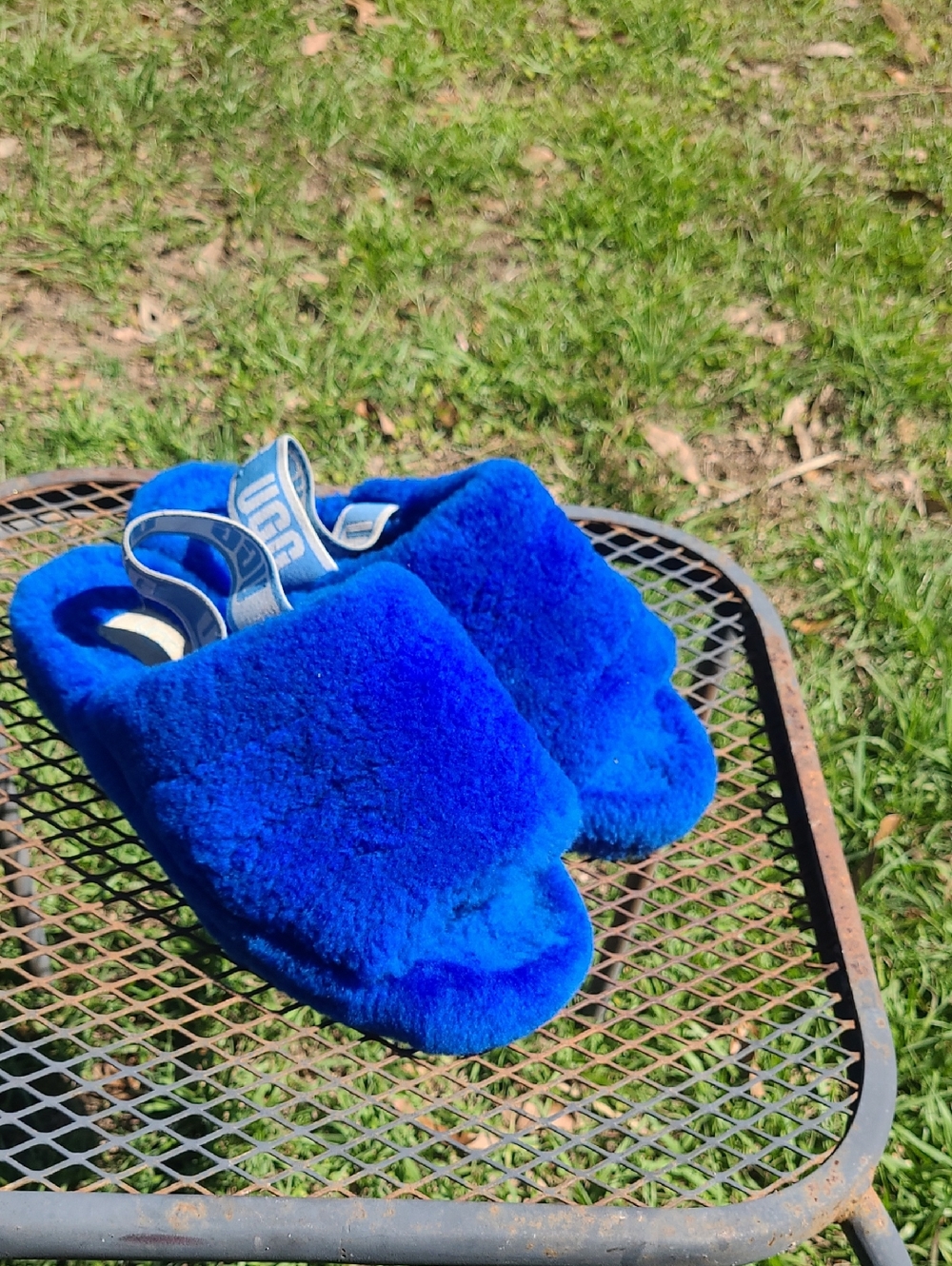 UGG Electric Blue Plush Fur Slide Sandals Size 9